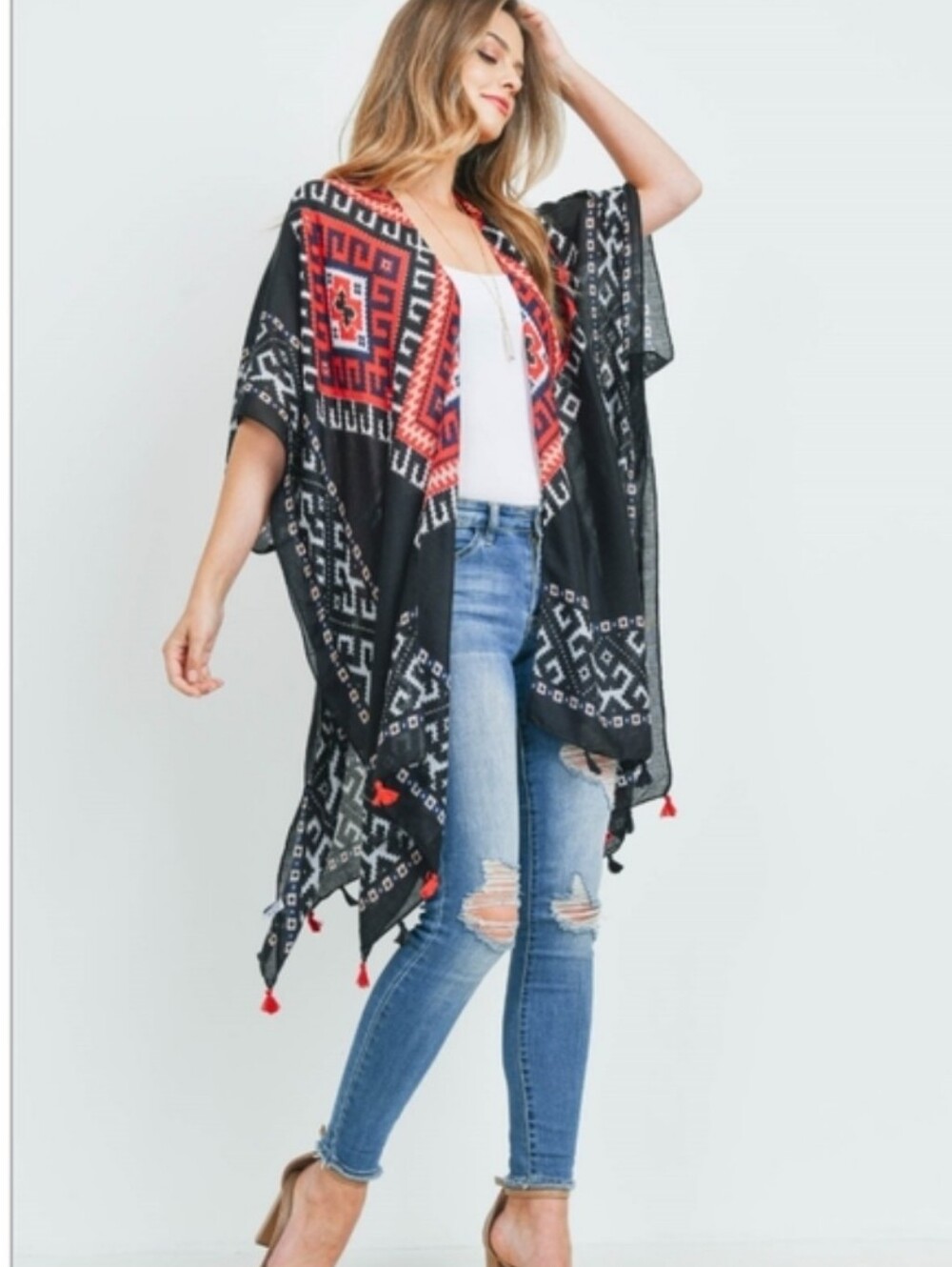 Open Front Boho Tribal Tassel Hem Kimono Black Red OS Festival CoverUp Vacay NWT